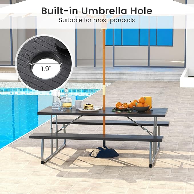 Giantex Folding Picnic Table - 6 FT Outdoor Table Bench Set for 8 Persons w/All-Weather HDPE Tabletop, Metal Leg, Umbrella Hole, Large Outside Dining Table for Patio Garden Yard Poolside (Black)