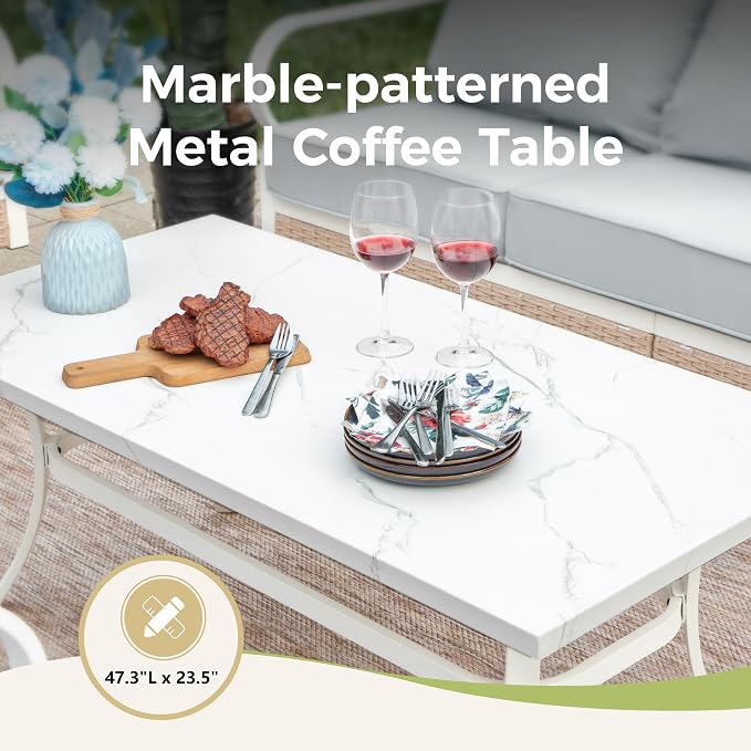 MIXPATIO 5 Piece Patio Furniture Set, 2 x Swivel Chair, 1 x 2-Seat Sofa, 1 x 3-Seat Sofa with Marbling Coffee Table, 7 Seats Outdoor Conversation Set for Lawn Garden Backyard, Light Gray