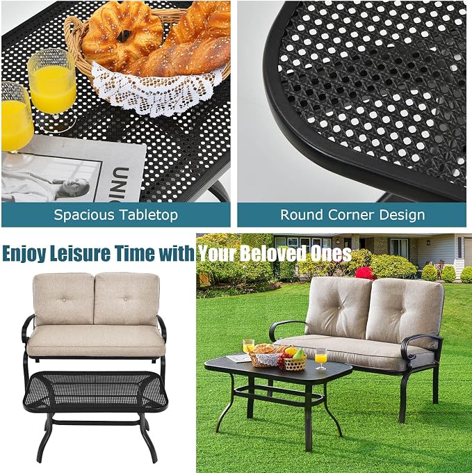 RELAX4LIFE Patio Loveseat with Coffee Table - 2-Piece Patio Conversation Sofa Set w/Backrest & Cushions, Modern Outdoor Glider Bench for Garden, Backyard, Poolside, Metal Porch Furniture (Beige)