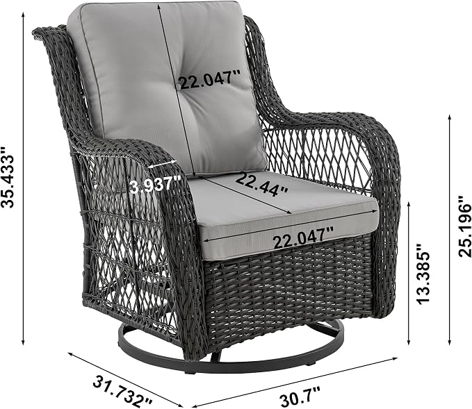Manhattan Comfort Fruttuo 3-Piece Patio Conversation Set, Swivel Steel Rattan Chairs with Removable Cushions & Tempered Glass End Table, Weather-Resistant Outdoor Furniture for Backyard & Porch, Grey