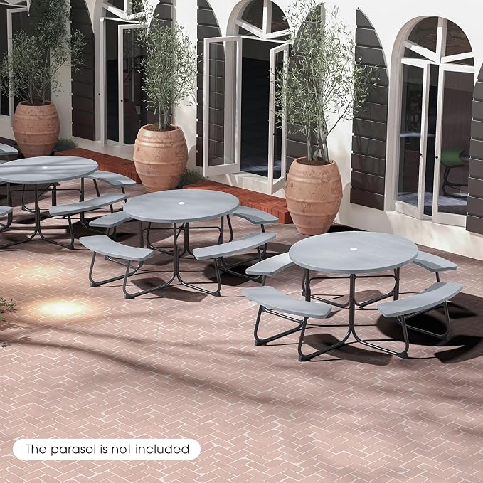 Giantex Picnic Table Set for Up to 8 Persons, Round Outdoor Table and Bench Set with Umbrella Hole, HDPE Top & Metal Frame, 2000LBS Capacity, Patio Table Bench for Deck Backyard Garden (Gray)