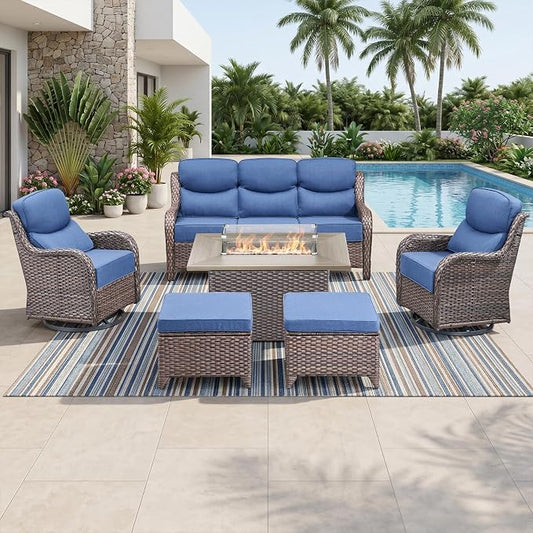 Luxury High Back Outdoor Furniture 6-Inch Thick Cushions with 50,000 BTU Gas Propane Fire Pit Tablet, Patio Furniture Set with Swivel Chairs, 6 PCS for Porch, Balcony, Deck and Yard