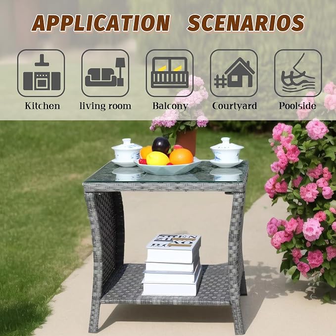 Outdoor Rattan Patio Side Tables, Wicker Table with Clear Tempered Glass Top, Patio End Tables with Storage Shelf, Outdoor Small Tables for Patio,Porch,Balcony,Backyard (Grey, 19.25 Inch)