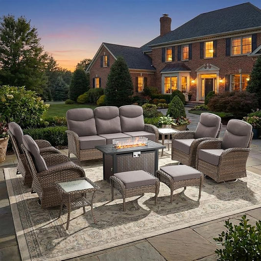 Luxury Patio Furniture Set with Fire Pit Table, Outdoor Furniture Set with High Back Swivel Chairs & 6-inch Thick Cushions, 10 PCS Fire Pit Patio Set for Yard, Deck, Poolside, Brown/Grey