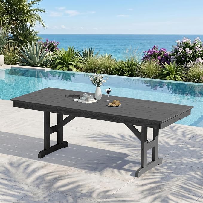 KINGYES Outdoor Dining Table,84 inch HDPE Rectangular Patio Table with Umbrella Hole，Waterproof Patio Furniture for Backyard,Grey