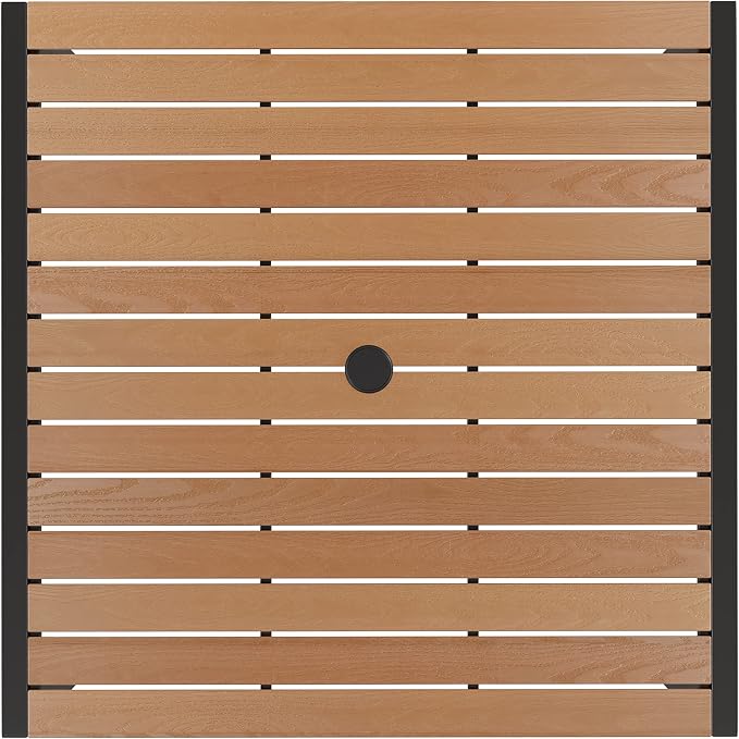 Flash Furniture Lark Outdoor Steel Dining Table - Faux Teak Poly Slatted Top - Commercial Grade Dining Table with Black Frame - 35" Square - Umbrella Holder Hole