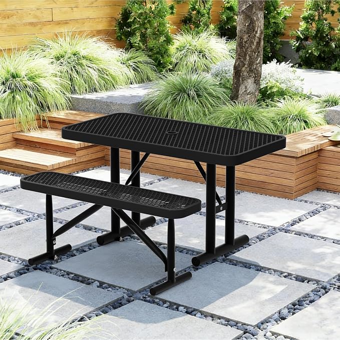 6FT Picnic Tables for Outdoors, Black Rectangular Heavy Duty Commercial Picnic Table with Umbrella Hole, Weather-Resistant Camping Table Dining Table for Backyard, Patio, Garden, Shops, Parks