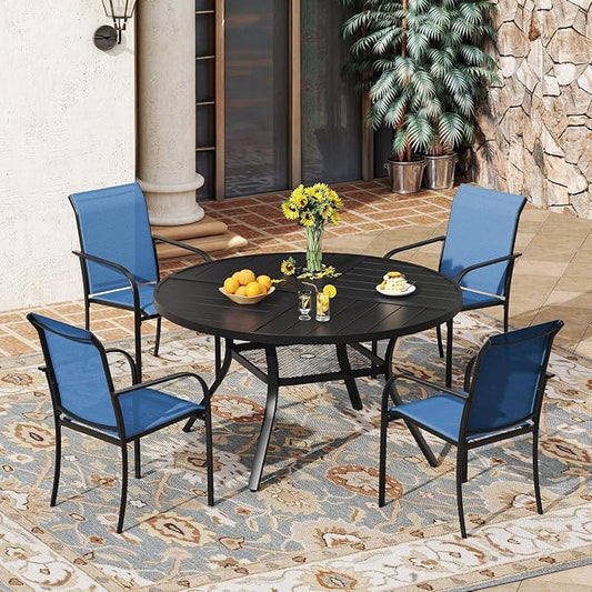 VICLLAX 5 Pieces Patio Outdoor Dining Set, 40.6" Round Metal Table with Umbrella Hole and Storage Shelf, 4 Stackable Textilene Chairs for Patio, Lawn, Garden, Porch, Black/Dark Blue