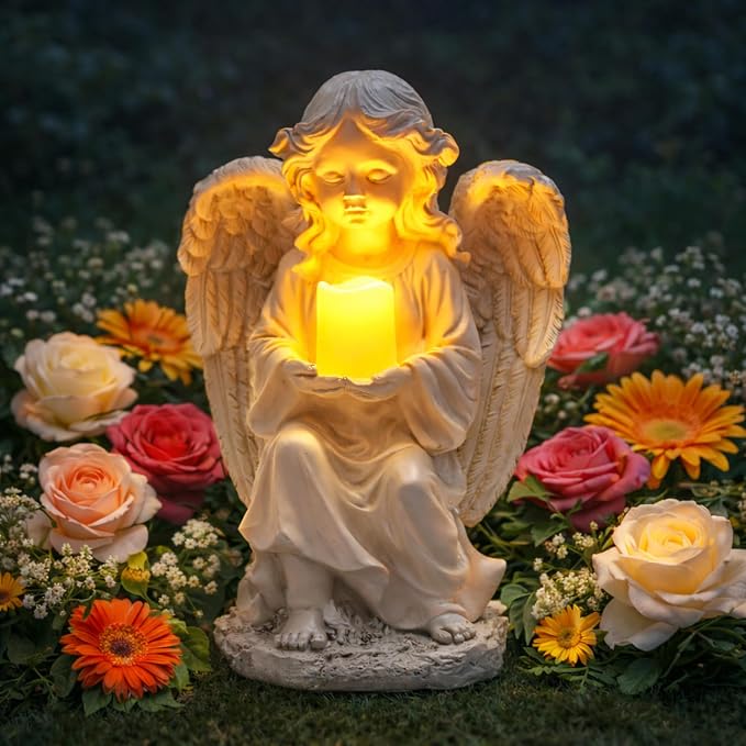 Solar Angel Garden Statue with Candle, 12" Guardian Memorial Outdoor Light | Bright all-night warm candle glow, true-to-size 12in, weatherproof resin built to last - no dim lights or dead battery