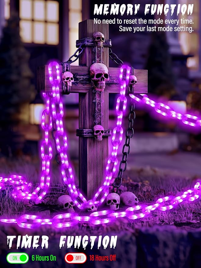 Battery Halloween Chain Lights, 10 FT 160 LED Purple Light-Up Plastic Timer | 8 Modes Battery Operated with Memory for Skeleton Dog, Yard Skeleton, Haunted House and Outdoor Decor Halloween Decorations