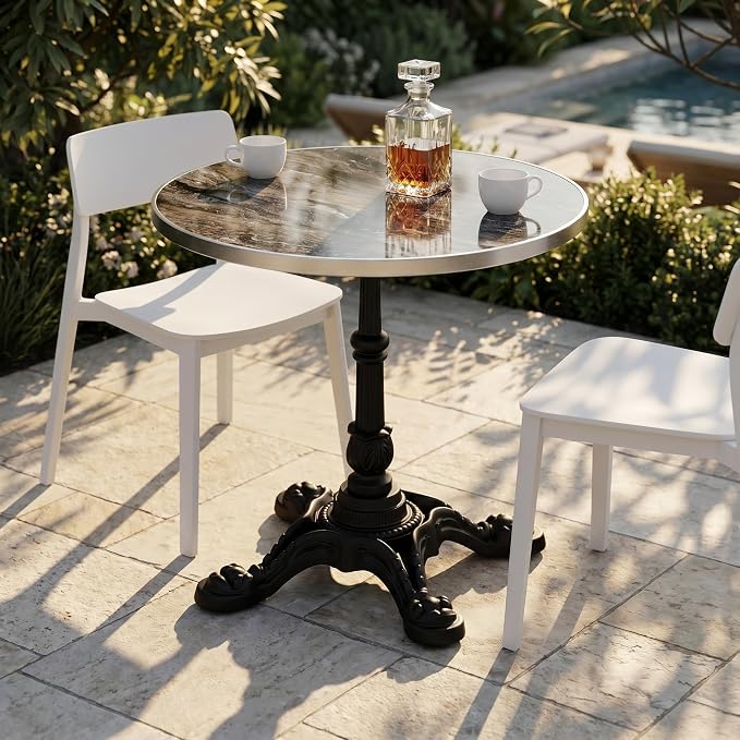 SSLine 31.5" Sintered Stone Dining Table, Marble Top Bistro Table with Heavy-Duty Cast Iron Base, Waterproof Tulip Table for 2-4 Person,Indoor/Outdoor Use for Patio,Cafe,Restaurant (Round-Brown)