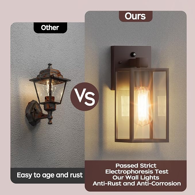 Dusk to Dawn Exterior Lighting Fixtures, Outdoor Porch Light Wall Sconce | 10.65 inch, Anti-Rust Metal Frame, Tempered Glass, E26 Base, Waterproof, Sensor Wall Lantern for Patio, Garage, Entryway