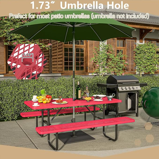 Coated Steel Heavy Duty Picnic Table for Outdoors 2200 lbs Load, Rectangular Camping Table with 1.78" Umbrella Hole, Commercial Picnic Table with Benches, Red