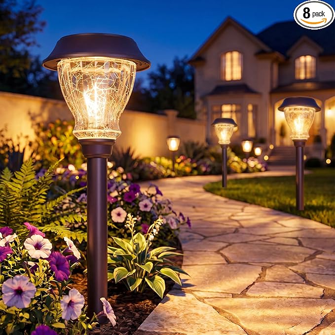 XMCOSY+ Solar Pathway Lights Outdoor, Warm White Landscape Lighting, 8 Pack | Crackled Glass Metal Garden Lights, IP65 Waterproof, Soft 2700K LED, Auto On/Off Landscape Lights for Path, Yard, Walkway