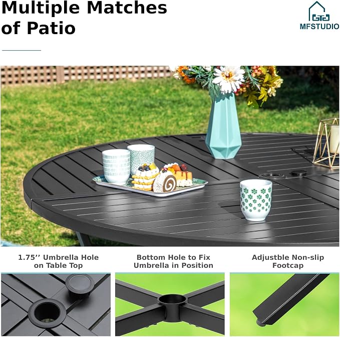 MFSTUDIO 5 Piece Patio Round Dining Set, 42" Round Table with Umbrella Hole & Wicker Chairs, Small Outdoor Dining Table and Chairs for 4, Patio Metal Table Dining Furniture, Porch, Deck, Yard