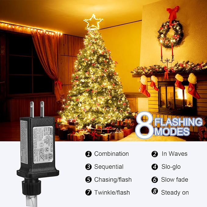 Christmas Decorations, Outdoor Christmas Lights, 320 LED Outdoor Christmas Tree String Lights with 12" Star Toppers [8 Modes& Waterproof] for Xmas New Year Holiday Decor (Iron Warm)