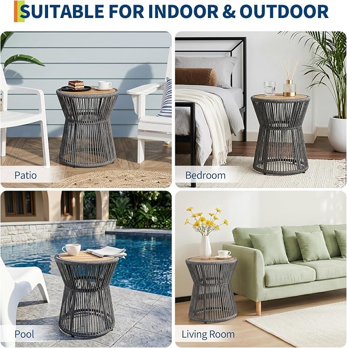 TrailBlaze Modern Woven Rope Outdoor Side Table – Round Patio End Table with Gray Rope and Natural Wood Top – Compact Accent for Balcony, Backyard, Poolside – Gray + Natural Wood, Diameter 16in Height