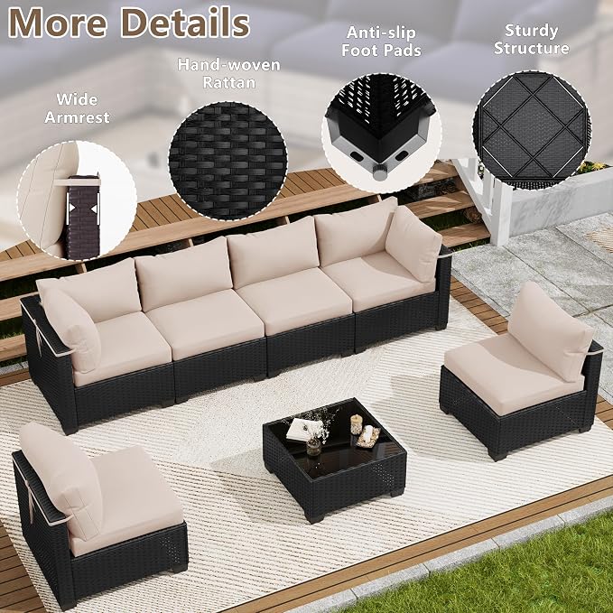 LOUVIXA 7 Piece Outdoor Patio Furniture Set, Outdoor Sectional Sofa, Wicker Rattan Patio Furniture, Patio Conversation Set with Coffee Table & Cushions