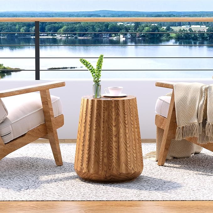 COSIEST Wooden Outdoor Side Table, Round MgO Concrete End Patio Side Table, Lightweight Cylinder Top Plant Stand with Rotund Base for Garden and Deck