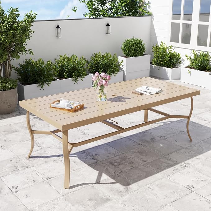 8-Person Outdoor Dining Table, Aluminum Rectangle Outdoor Dining Table with 2.2" Umbrella Hole, Rustproof Aluminum Patio Dining Table for 8, All-Weather for Garden Yard Poolside, Beige