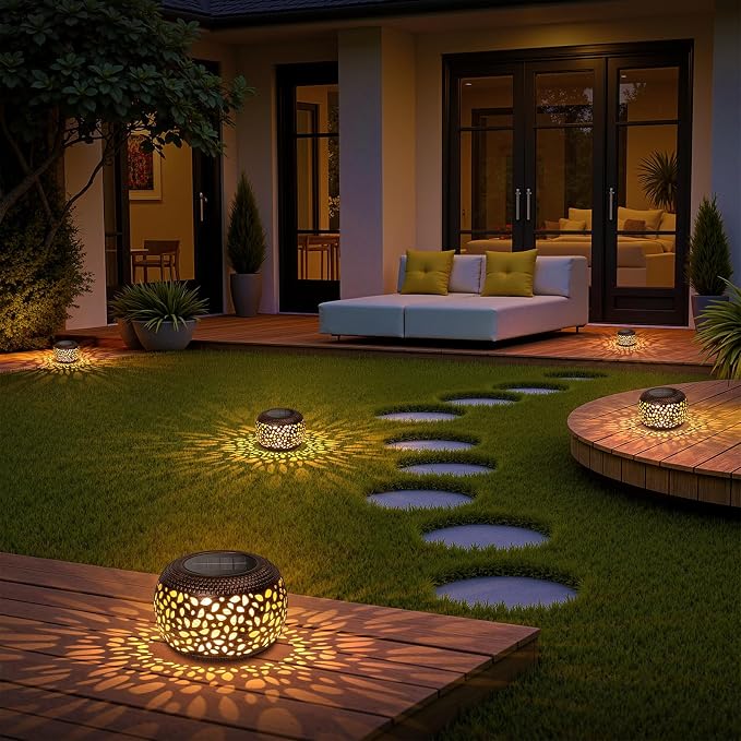 Solar Lanterns Outdoor Waterproof, 4 Pack Flower Petal Solar Garden Lights with 2 Lighting Colors, Vintage Metal Outdoor Patio Garden Decor - Unique Gifts for Women Mom Sisters Birthday