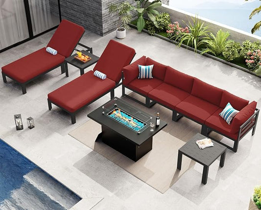 NICESOUL 9 Pcs Oversized Modern Aluminum Outdoor Patio Furniture Set with Chaise & Fire Pit Table, 29" Wide Deep Seat, All Weather Sectional Sofa, 500 lbs Sturdy Comfortable Deck Conversation Set, Red