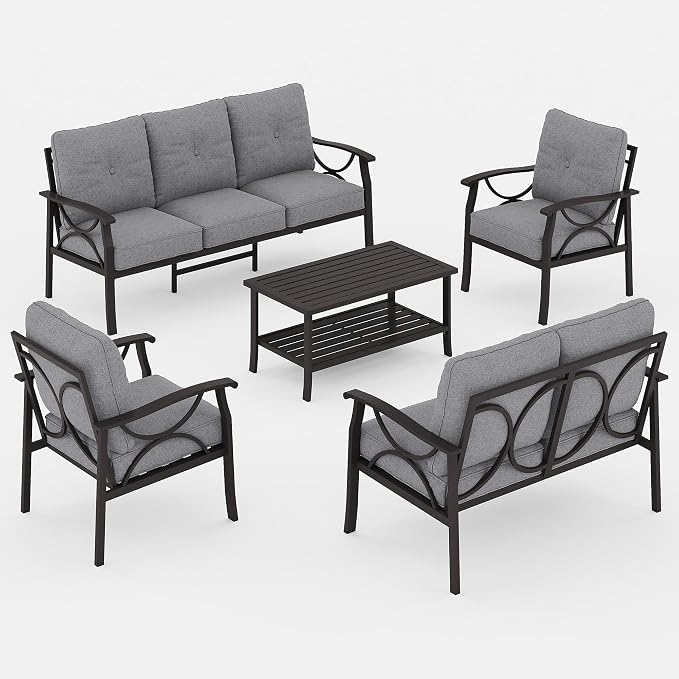 FansaFurn 5-Piece Outdoor Patio Furniture Set, Outdoor Metal Sectional Furniture with Cushions, Outdoor Conversation Seating Set with Coffee Table for Balcony, Garden, Deck, Backyard, Grey