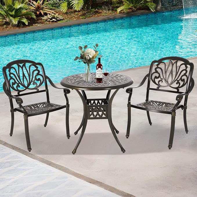 Patio Dining Table,Cast Aluminum Patio Table with Umbrella Hole, Outdoor Bistro Table for Backyard, Garden, Patio (31" Round Table)