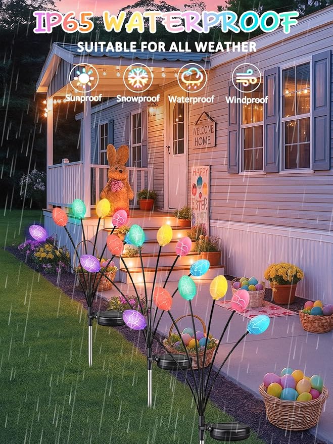 4 Pack Solar Easter Egg Lights, Firefly Lights Solar Outdoor Waterproof | 2 Lighting Modes Garden Lights, Sway with Wind, Solar lights Outdoor for Spring Lawn Yard Patio Porch Easter Decorations