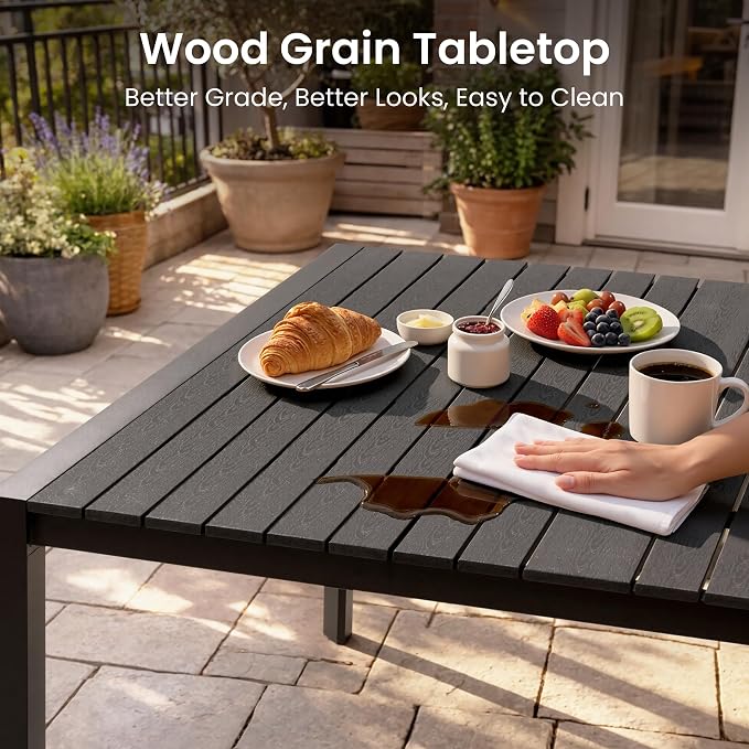 9-Piece Patio Dining Set, 56" Square Outdoor Table with Recliner Chairs | Aluminum Frame Adjustable Back& WPC Tabletop with Umbrella Hole for Garden Backyard Porch, Black