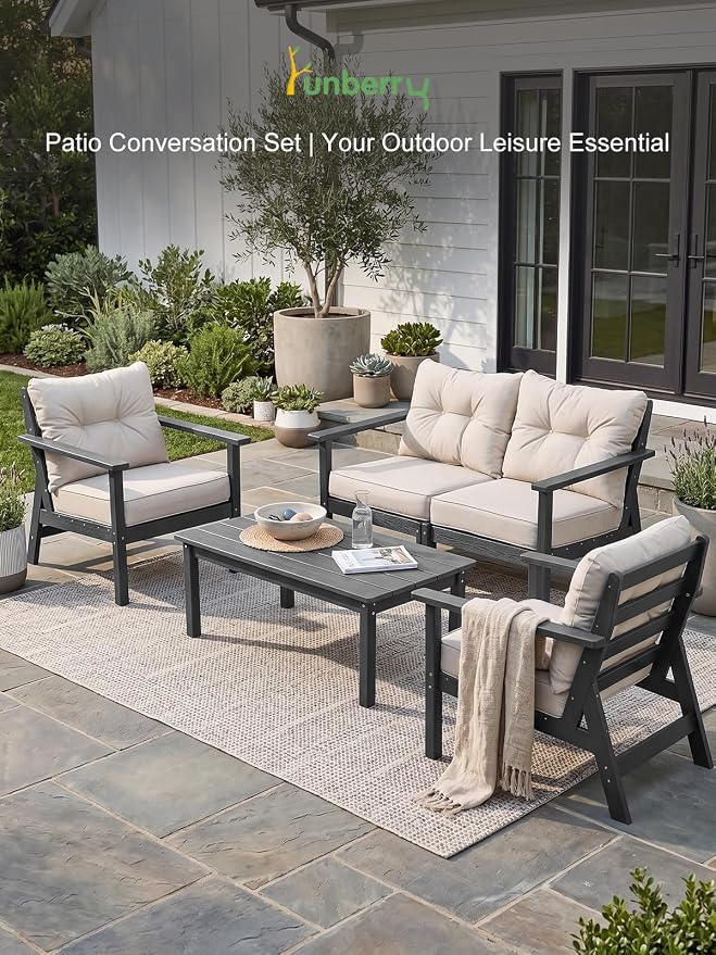 2 Seat Chair Set, HDPE Patio Conversation Set, Outdoor Patio Furniture | Water-Resistant Thick Cushion, HDPE All Weather, Wood-Grain, No Rot or Rust or Crack, UV Fade Shield, Easy-Clean for Outside