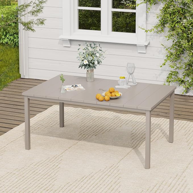VICLLAX Outdoor Table for 6, Metal Patio Dining Table with Umbrella Hole for Garden Lawn Deck Backyard, Sandshell Tabletop