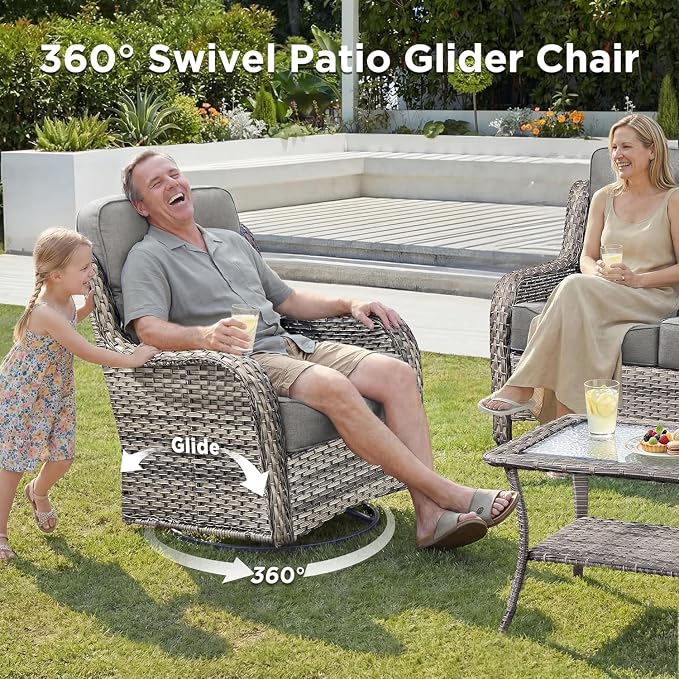 Luxury Patio Furniture Set with Fire Pit Table-10 Pieces All Weather Outdoor Swivel Rocker Chairs with Sofa and Ottomans. Outdoors Patio Conversation Sets for Porch Deck Garden(Grey/Grey)