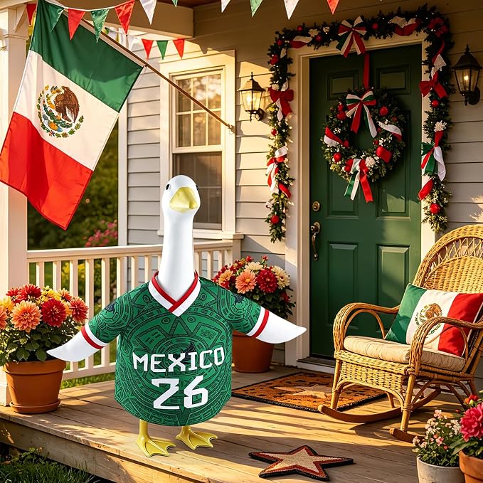 Porch Goose Outfit for Soccer, 23" Porch Goose Statue Clothes, Mexican Flag Jersey, Patriotic National Team Costume, Outdoor Lawn Patio Decor, Cultural Fiesta Sports Game Day Outside Decoration