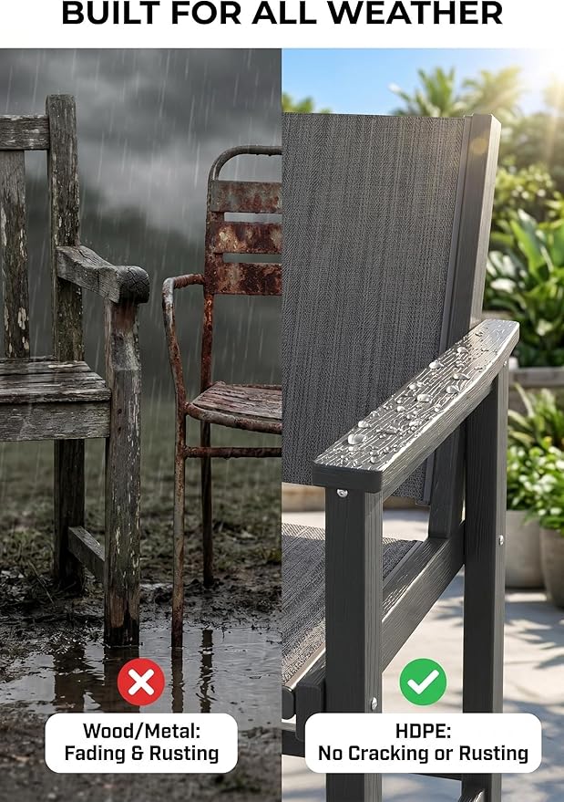 Amopatio Outdoor Chair HDPE Patio Dining Chair Set of 2 All Weather Patio Chairs with Textilene & Wide Seat for Backyard Balcony & Deck(Black)