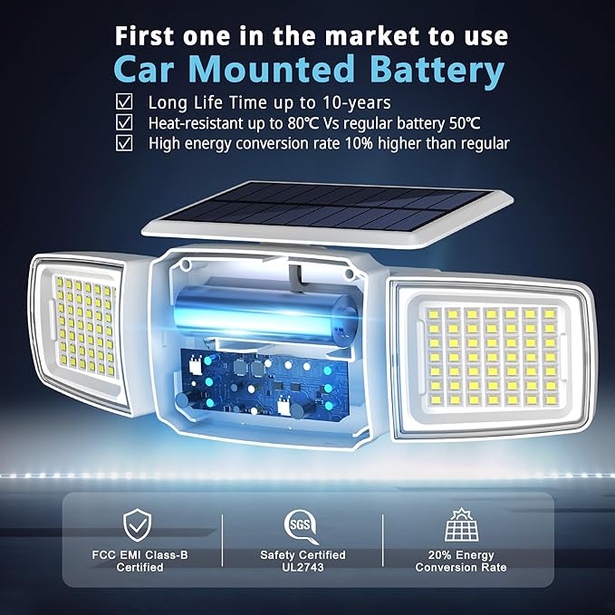 JEJOT White Solar Security Light Outdoor Super Bright LED, Motion Sensor Flood Light, 3 Heads 270° Wide Angle, Remote Control, IP65 Waterproof, 3 Modes (6 Packs)