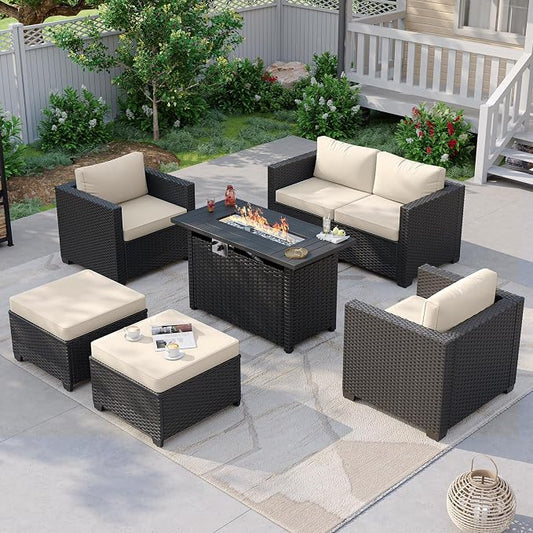 Aoxun Patio Furniture Set with Fire Pit Table, 6 Seats Outdoor Furniture Set with Wicker Ottomans, Rattan Outdoor Sectional Sofas with Thickened Cushion & Waterproof Cover Beige