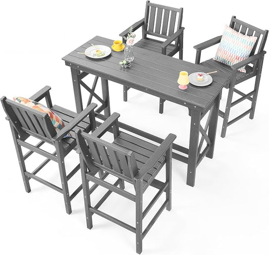 5-Piece Outdoor Bar Table and Chairs Set, HDPE Counter Height Patio Dining Table with 4 Adirondack Bar Chairs, Adirondack Bar Height Chairs and Bar Table for Bistro, Poolside, Backyard, Grey