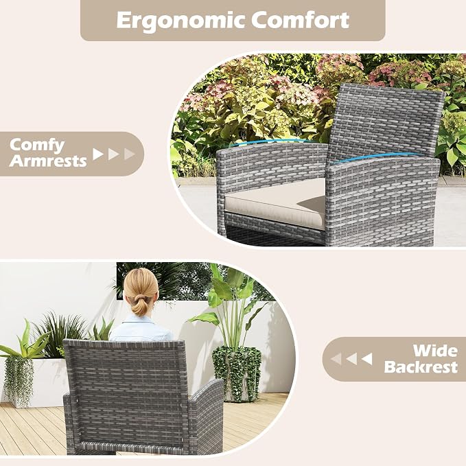 RELAX4LIFE 4-Piece Patio Furniture Set - Wicker Rattan Outdoor Sectional Sofa Set w/Glass Coffee Table, Loveseat, 2 Chairs & Soft Cushions, Bistro Conversation for Garden Porch (1, Grey-Off White)