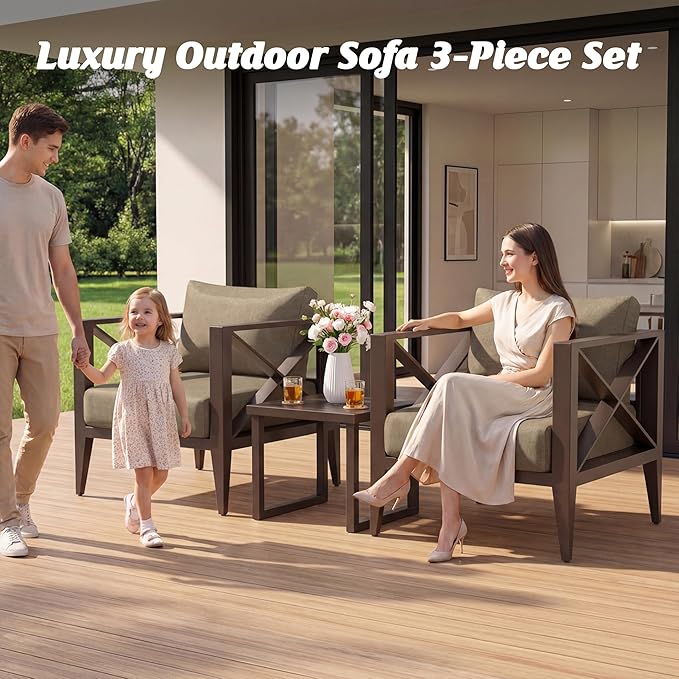 Aluminum Outdoor Patio Furniture Set, 3 Pieces Conversation Set with 5.2 Inch Cushions and Coffee Table, All-Weather Rust-Resistant Frame Conversation Set for Porch, Garden, Backyard, Brown