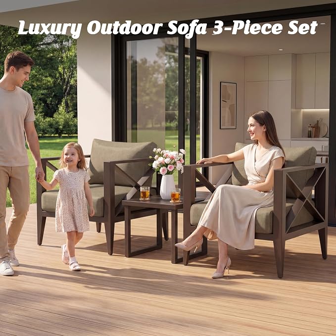 Aluminum Outdoor Patio Furniture Set with 5.2" Thick Cushions, 3-Piece Outdoor Sectional with Coffee Table, Patio Conversation Sets for Backyard,(Brown,2 Seats)