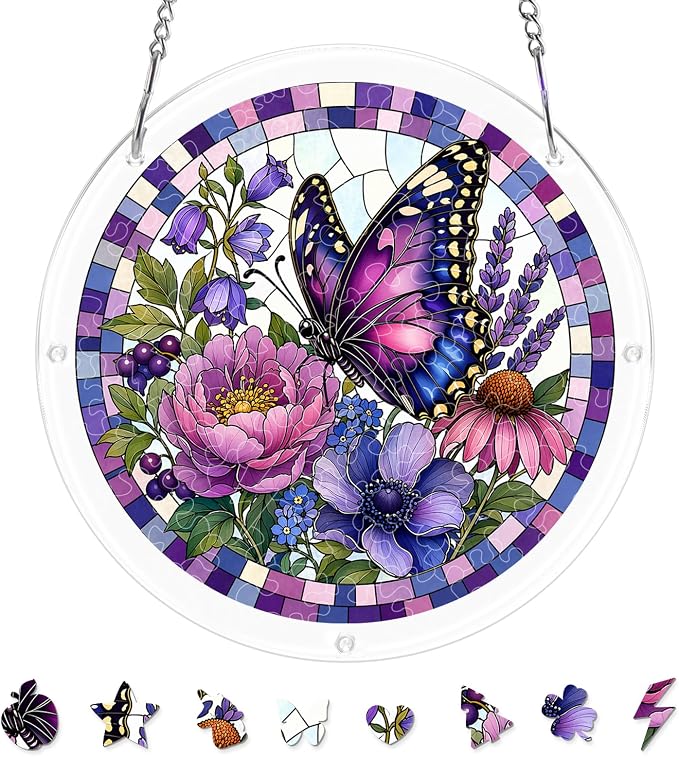 Acrylic Puzzle Suncatcher, Sun Catchers Puzzle for Window Hanging | 7.4 Inch Purple Butterfly DIY Suncatcher Puzzle for Adults, Ideal Gifts for Women, Men, Wife, Mom, Home & Garden Decor