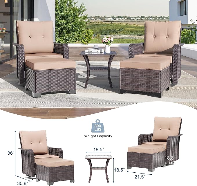 Kullavik 5 Pieces Outdoor Swivel Chairs Set,Patio Wicker Rocker Chairs with 4" Thick Cushions,Side Table and Ottomans,Patio Conversation Furniture Set for Patio Porch Deck Backyard,Sand