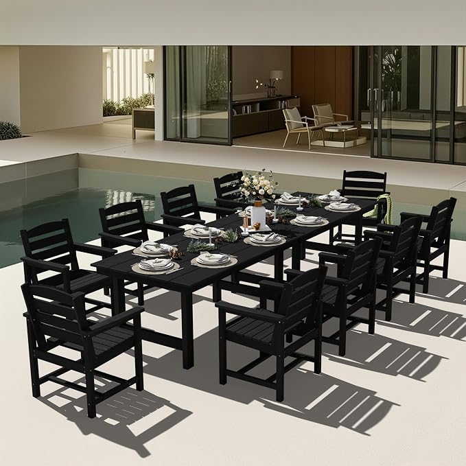 KINGYES 12 Piece Patio Dining Set, HDPE Outdoor Table and Chairs Set with Umbrella Hole, Black