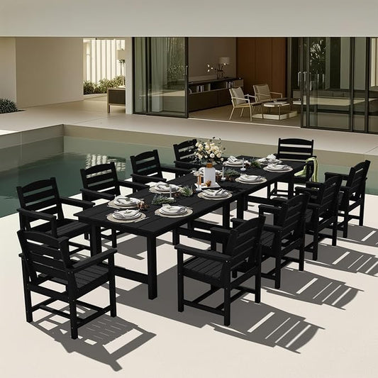 KINGYES 12 Piece Patio Dining Set, HDPE Outdoor Table and Chairs Set with Umbrella Hole, Black