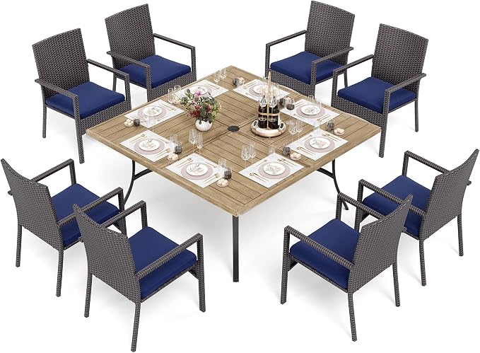 PHI VILLA 9 Pieces Outdoor Dining Set for 8, 57” Wood-Like Large Square Metal Steel Dining Table & Rattan Wicker Chairs with Cushions, Dining Furniture Set for Patio, Deck, Yard, Porch