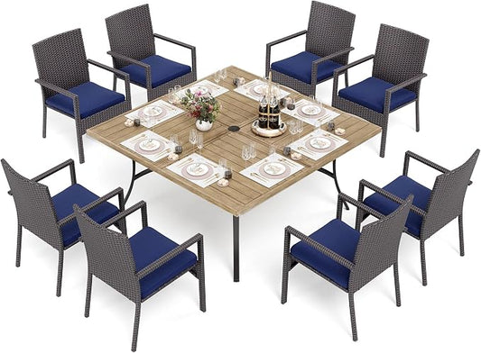 PHI VILLA 9 Pieces Outdoor Dining Set for 8, 57” Wood-Like Large Square Metal Steel Dining Table & Rattan Wicker Chairs with Cushions, Dining Furniture Set for Patio, Deck, Yard, Porch