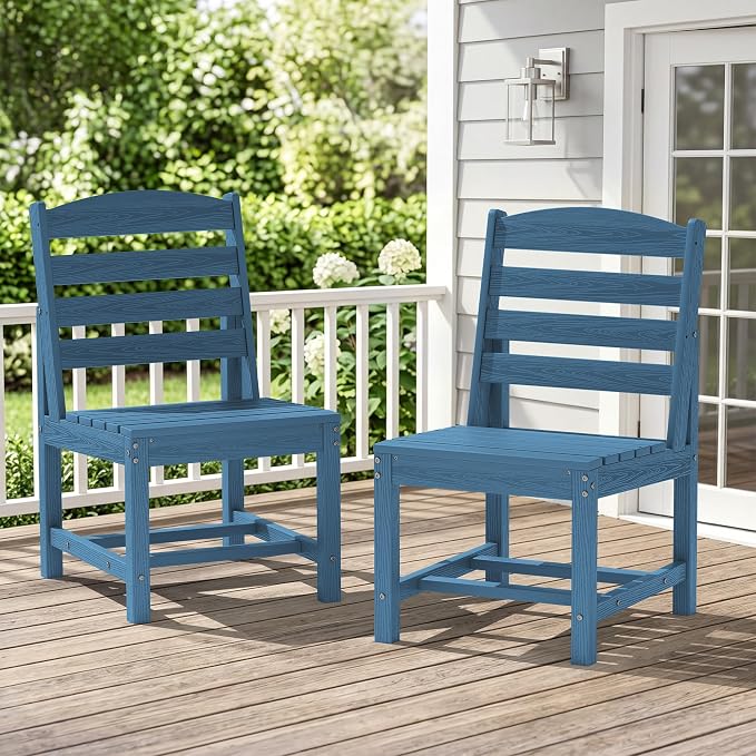 KINGYES Patio Armless Dinning Chairs Set of 2, HDPE All-Weather Outdoor Patio Chairs for Garden Backyard, Blue