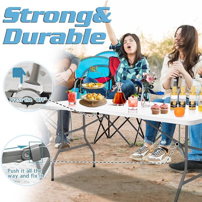 6FT Folding Table Portable Foldable Outdoor Camping Card Table Easy to Store Lightweight Durable Multi-Use Ideal for Picnics Parties Events and Home Use