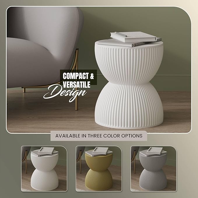 LeisureMod 15" Round Hourglass Fiberstone Side Table, Modern Accent End Table for Indoor Outdoor Use, Durable Small Table for Living Room, Patio, Balcony, or Garden - White